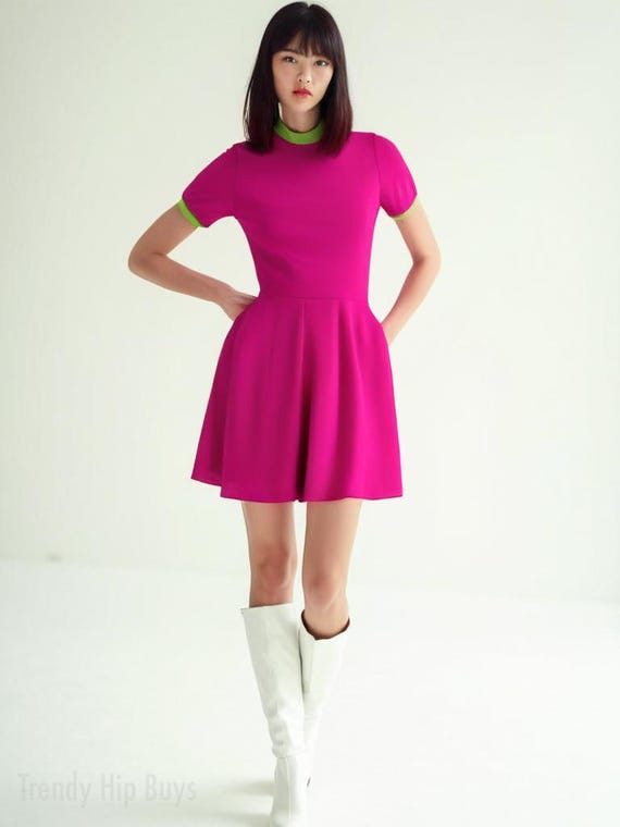 60s Dress Style, 60s inspired Dress, 60s Mod Neon Pink Mini Dress | Retro A-Line Turtleneck Dress, Pink Go Go Dress