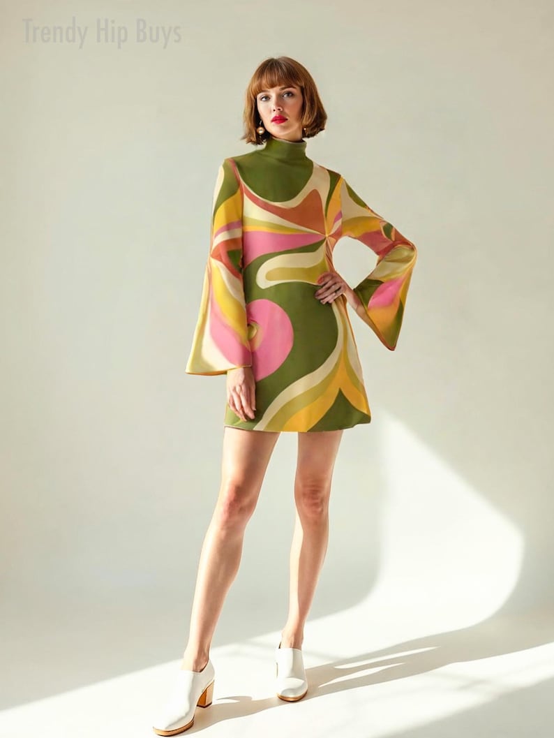 70s style dress, disco dress, 70s inspired dress, multicolor pink green bell sleeve dress, Chiffon Tent Dress, Retro bell sleeve dress, groovy dress, funky dress, 70s psychedelic dress, 70s hippie dress, 70s boho dress
