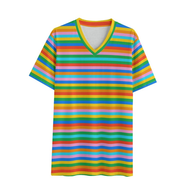 Öko-T-Shirt, Bio-T-Shirt für Männer, Regenbogen-Streifen-Shirt, V-Ausschnitt-T-Shirt, LGBTQ Pride Top, Nachhaltige Mode, Öko-Top Bild 2