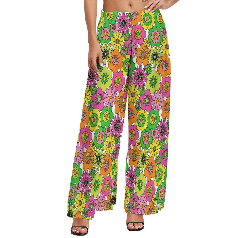 Wide Leg Pants, Retro Pants, Wide Leg Pants Women, 70s Style Pants, 70s Inspired pants, Neon Pants, Floral Pants, Hippie Pants, Boho Pants image 2