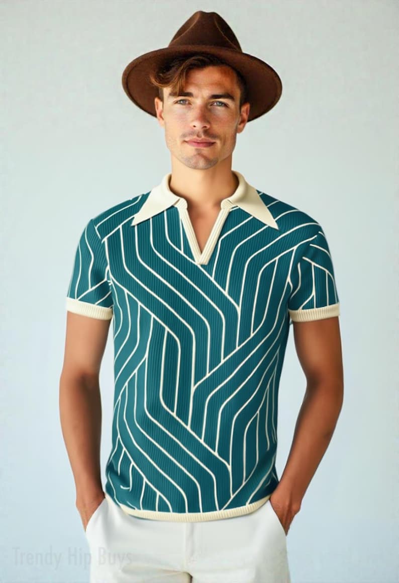 Retro Polo Shirt, Teal Polo Shirt, 70s Polo Shirt, Stripe Polo Shirt, Disco Shirt, Wing Collar Shirt, Teal Shirt Men, Knit Polo Shirt