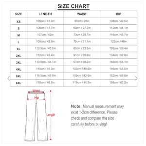 Puede incluir: Tabla de tallas para pantalones con medidas en pulgadas y cent&iacute;metros. La tabla muestra las tallas XS a 6XL con las medidas correspondientes para la longitud, la cintura y la cadera.