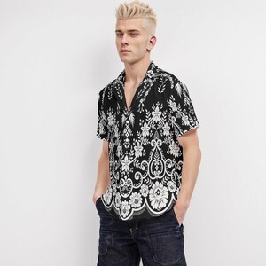 Black Floral Shirt Men, Boho Shirt Men, Floral Top Men, Black and White Floral Shirt, Romantic Shirt Men, Retro Shirt Men image 4