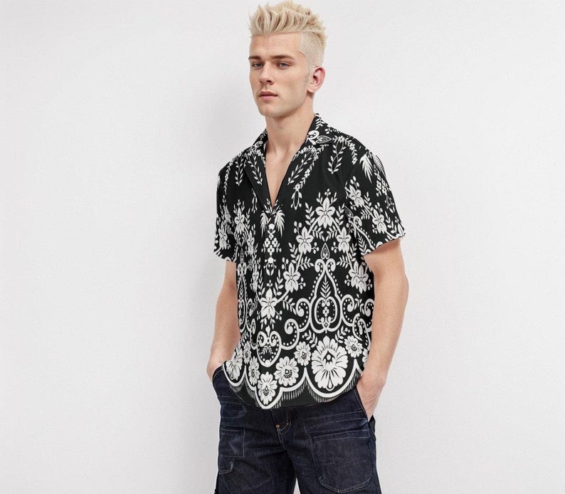 Black Floral Shirt Men, Boho Shirt Men, Floral Top Men, Black and White Floral Shirt, Romantic Shirt Men, Retro Shirt Men image 4