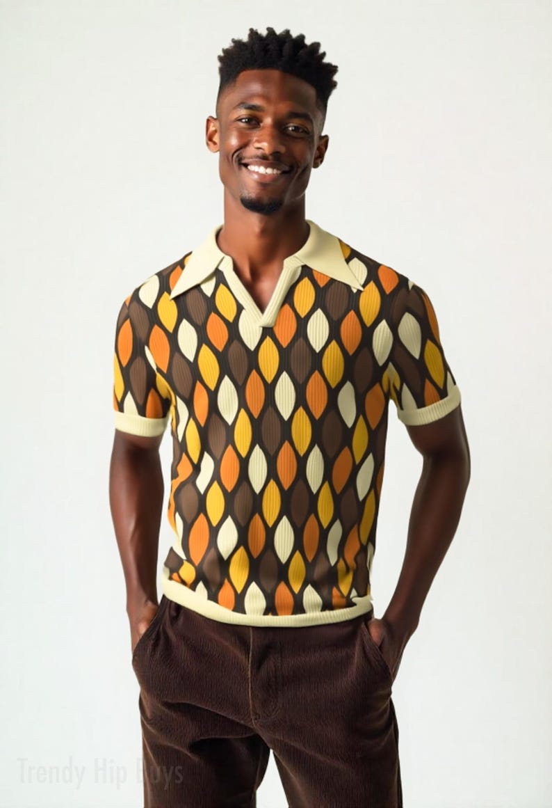 70s Shirt Style, Retro Polo Shirt Men, Men's 70s Wing Collar Shirt, 70s Hippie Shirt Men, Mod Brown Geometric Shirt Men, 70s Inspired shirt