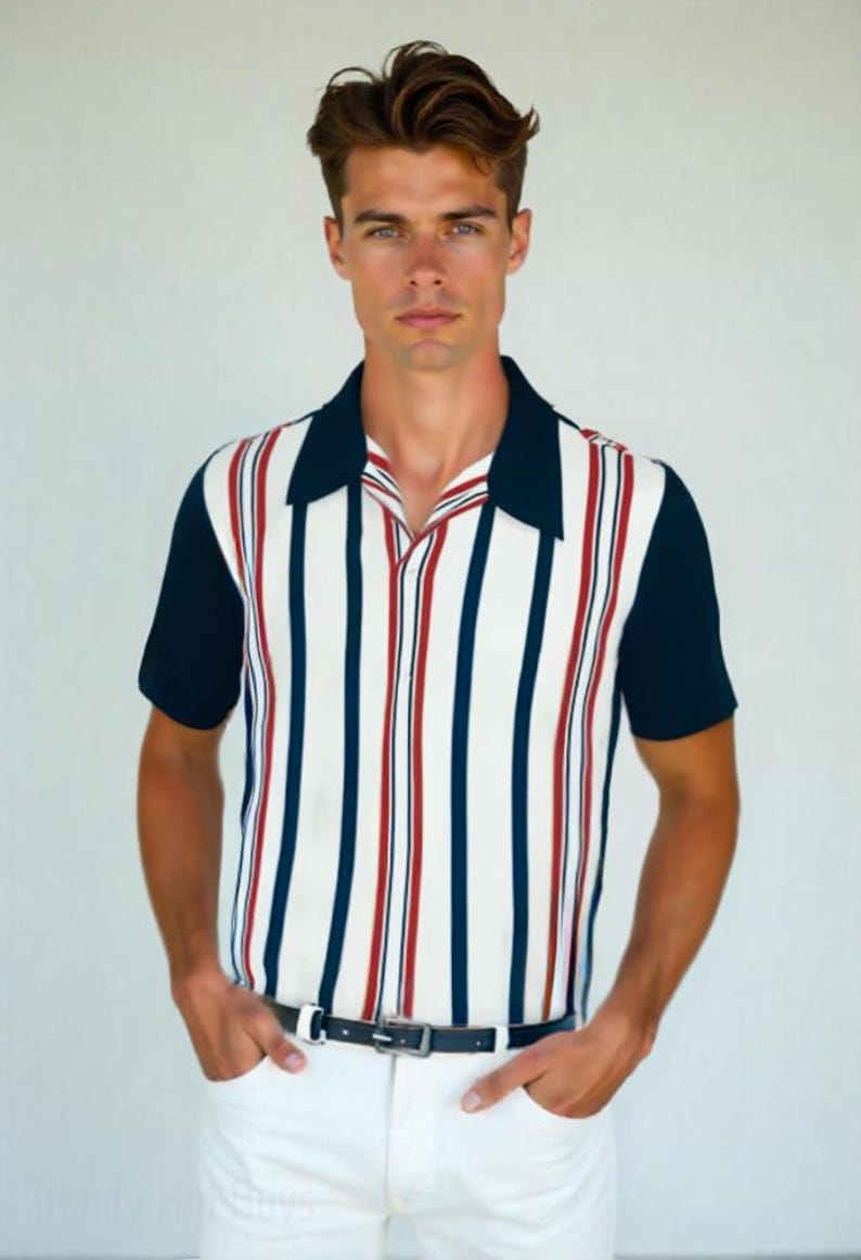 Retro Shirt Men, Vintage Style Shirt, Men’s 50s Style Shirt | Retro Stripe Shirt | Vintage Red White Blue Nautical Shirt, Rockabilly Shirt