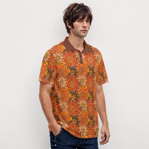 Velvet Polo Shirt, 70s Style Shirt, 70s Shirt Men, Vintage Polo Shirt, Boho Shirt Men, Hippie Shirt Men, 70s Floral Shirt, Orange Polo Shirt image 5