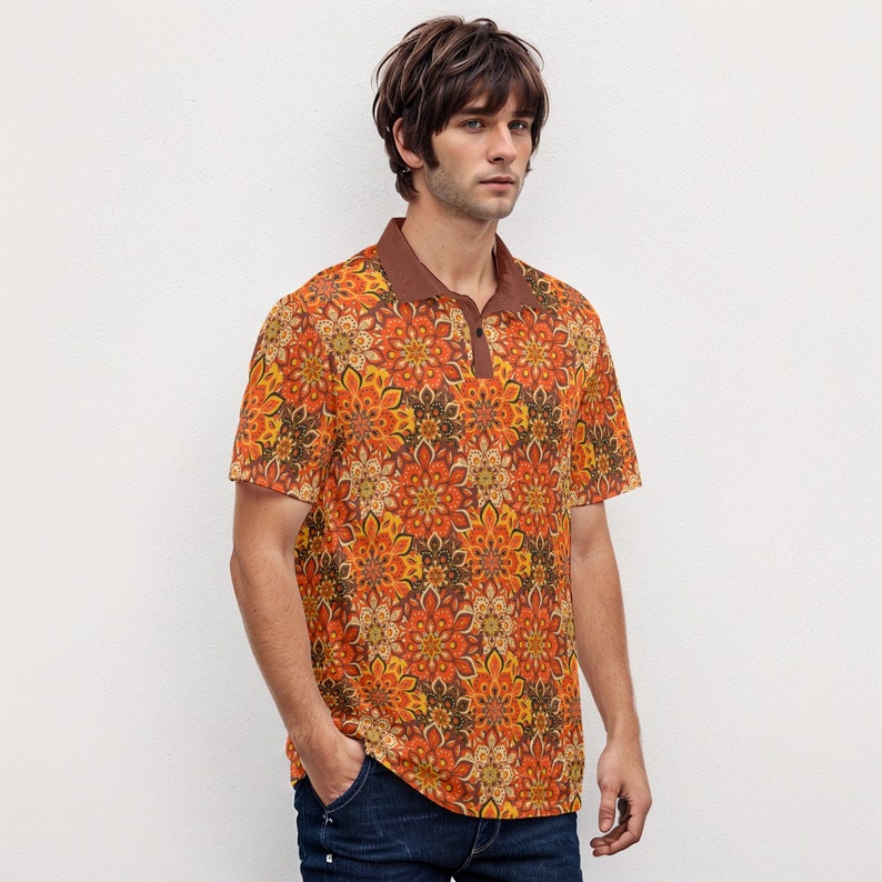 Velvet Polo Shirt, 70s Style Shirt, 70s Shirt Men, Vintage Polo Shirt, Boho Shirt Men, Hippie Shirt Men, 70s Floral Shirt, Orange Polo Shirt image 5