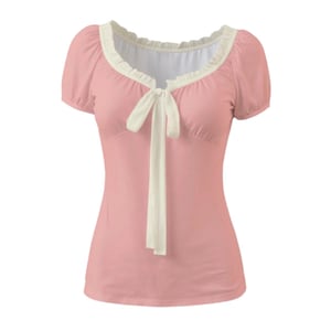40s Style Pink Babydoll Blouse – Vintage Puff Sleeve Top | Pink Bow Tie Blouse for Women, retro pink top, bow tie top, puff sleeve top