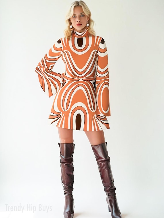 Groovy 70s Dress style, 70s style Dress, 70s Psychedelic Orange Bell Sleeve Dress, Disco Dress | Retro Chiffon Turtleneck Mini Dress Groovy 70s Dress style, 70s style Dress, 70s Psychedelic Orange Bell Sleeve Dress, Disco Dress | Retro Chiffon Turtleneck Mini Dress