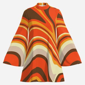 70s dress style, bell sleeve dress, groovy dress, funky 70s disco dress, chiffon dress, abstract dress 70s, retro tent dress, retro 70s dress style, 70s style dress