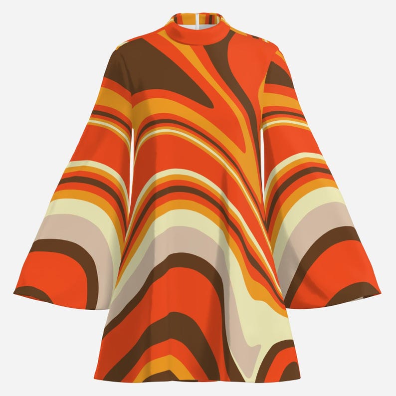 70s dress style, bell sleeve dress, groovy dress, funky 70s disco dress, chiffon dress, abstract dress 70s, retro tent dress, retro 70s dress style, 70s style dress