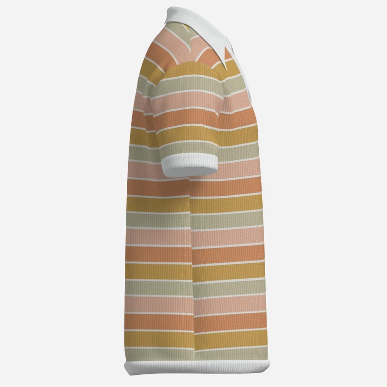 May include: A short-sleeved polo shirt with horizontal stripes in shades of orange, pink, and beige. The shirt has a white collar and cuffs. The ribbed fabric adds texture to the garment. The shirt is a casual style.