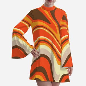 70s dress style, bell sleeve dress, groovy dress, funky 70s disco dress, chiffon dress, abstract dress 70s, retro tent dress, retro 70s dress style, 70s style dress