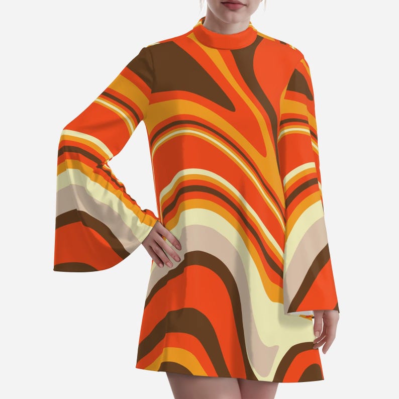 70s dress style, bell sleeve dress, groovy dress, funky 70s disco dress, chiffon dress, abstract dress 70s, retro tent dress, retro 70s dress style, 70s style dress