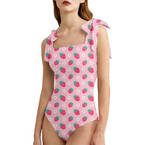 Cute Strawberry Swimsuit | Chic Bow Tie Pink Strawberry Bathing Suit | Cute Summer Swimwear, Strawberry print swimsuit