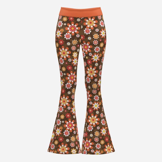 70s Floral Bell Bottom Pants | High Waist Retro Flare Leggings