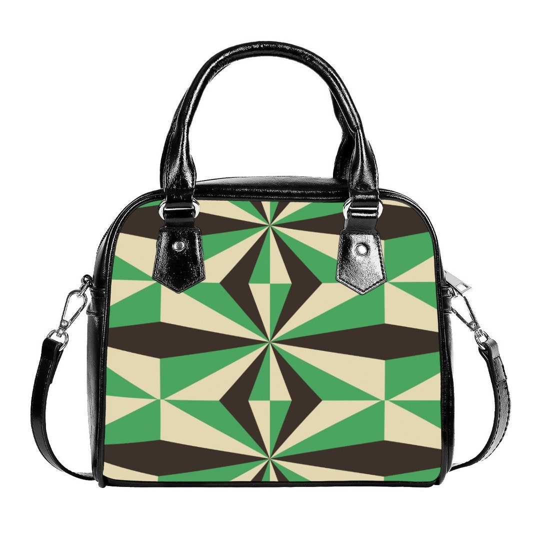 Geometric Handbag, Retro Handbags, Green Black Geometric Print Handbag