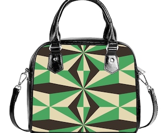 Geometric Handbag, Retro Handbags, Green Black Geometric Print Handbag,High Fashion Handbag, Womens Purses,Unique Handbag,Geometric Purse