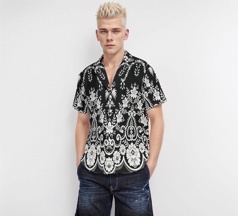 Black Floral Shirt Men, Boho Shirt Men, Floral Top Men, Black and White Floral Shirt, Romantic Shirt Men, Retro Shirt Men image 1