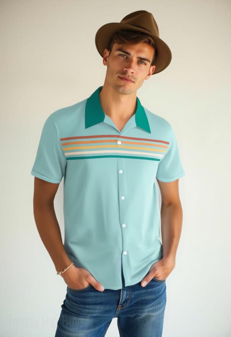 Vintage Style Shirt Men, 50s Style Shirt, Blue Rockabilly Shirt, 50s inspired shirt men, Retro blue Stripe Shirt, Retro Bowling Shirt Men