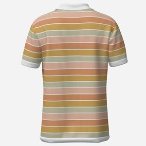 May include: A striped polo shirt in a palette of orange, yellow, pink, and green. The shirt features a white collar and cuffs. The design is a retro style.