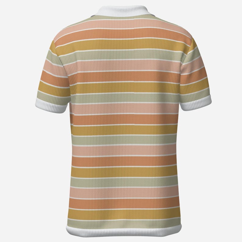 May include: A striped polo shirt in a palette of orange, yellow, pink, and green. The shirt features a white collar and cuffs. The design is a retro style.