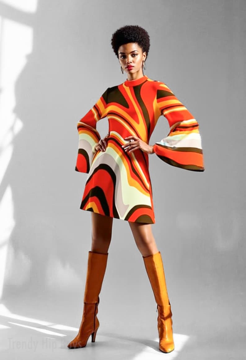 70s dress style, bell sleeve dress, groovy dress, funky 70s disco dress, chiffon dress, abstract dress 70s, retro tent dress, retro 70s dress style, 70s style dress