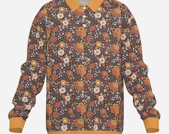 Polo de punto floral de los años 70 para hombre / Polo vintage amarillo mostaza / Prendas de punto estilo hippie retro, Polo retro para hombre, Polo de punto para hombre