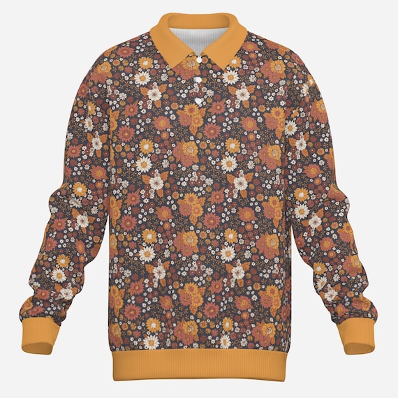 Men's 70s Floral Knit Polo | Vintage Mustard Yellow Polo Shirt | Retro Hippie Style Knitwear, Retro Polo Shirt Men, Knit Polo Shirt Men