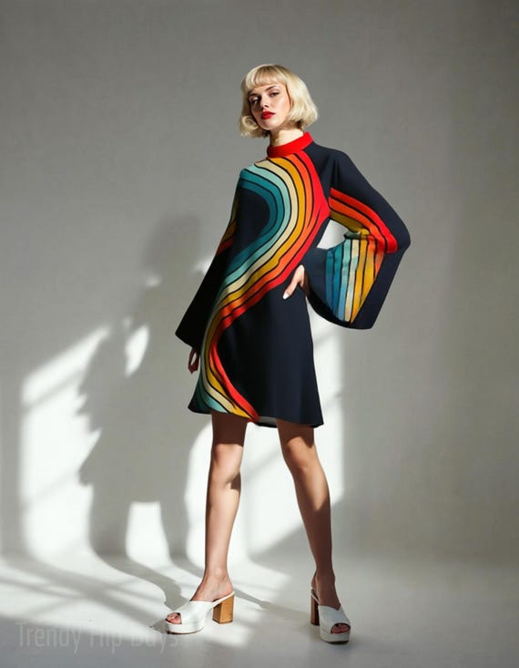 70s inspired mini dress 70s Dress Style Disco Black Rainbow Stripe Bell Sleeve Dress Tent Mini Dress, Vintage inspired Turtleneck Dress