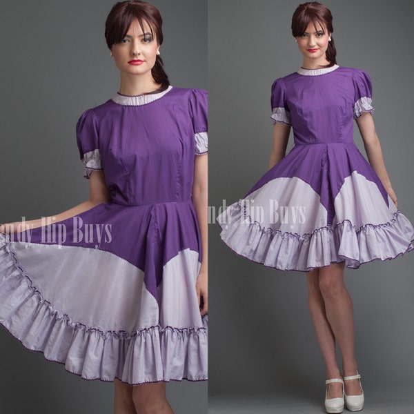 Vintage 50s Purple Babydoll Puff Sleeve Rockabilly Swing Dress - S/M