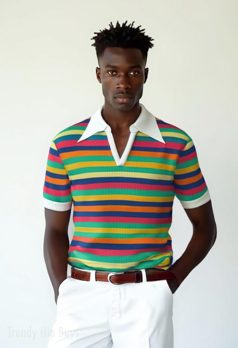 Retro Polo Shirt Men | 70s Style Knit Polo | Vintage Multicolor Stripe Dagger Collar Shirt | 70s Wing Collar Polo | USA Retro Men’s Fashion