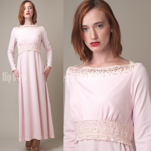 RESERVED - Vintage 60s Pink Embroidered Floral Lace Evening Maxi Dress - M/L