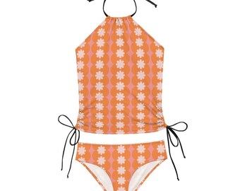 Bikini retro / Bikini tankini floral naranja rosa moderno / Conjunto de bikini halter moderno de los años 60, traje de baño tankini, conjunto de bikini rosa, bikini halter rosa