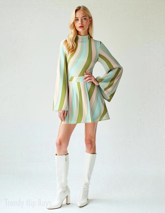 Green Boho 70s Dress Style | Green Pink Stripe Mini Dress | Retro Bell Sleeve Dress | Chiffon A-Line Dress|70s Style Mini Dress