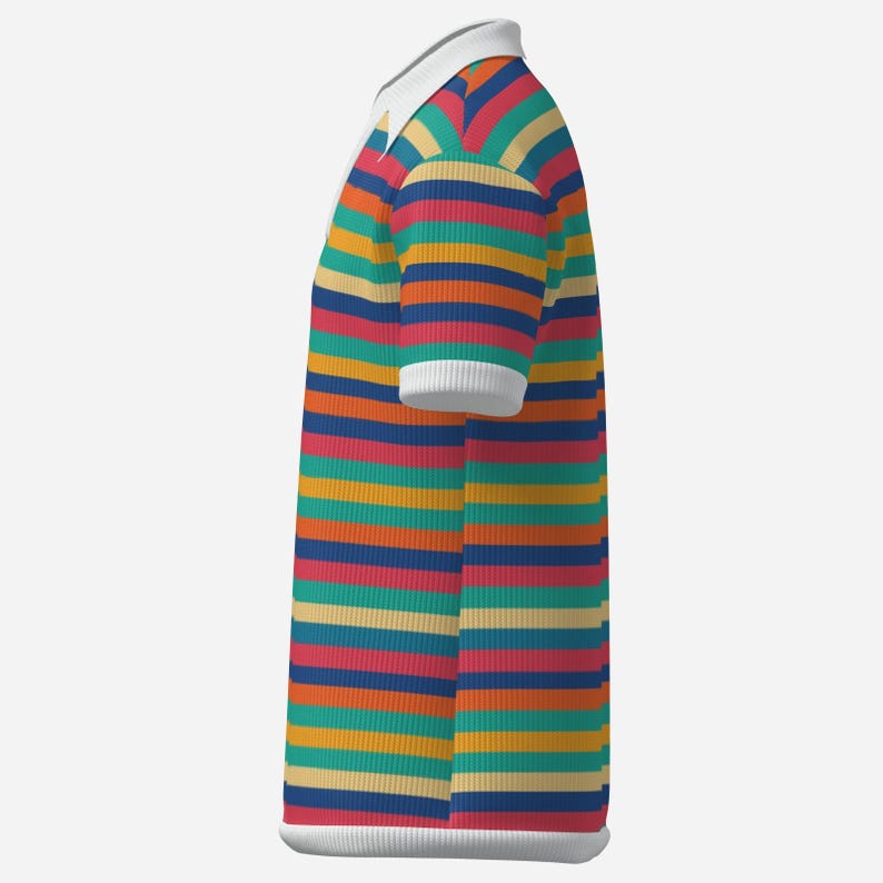 May include: A colorful polo shirt with horizontal stripes in various colors, including red, orange, yellow, green, and blue. The shirt has a white collar and white sleeve cuffs. The shirt is made of a ribbed knit fabric.