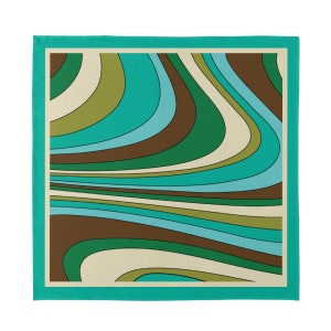 May include: A turquoise blue square scarf with a pattern of wavy, overlapping lines in shades of brown, green, and blue.