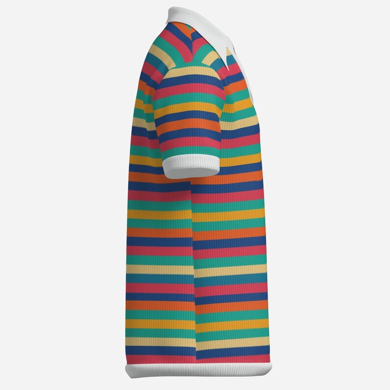 May include: A colorful striped polo shirt with a white collar and cuffs. The shirt features horizontal stripes in various colors, including red, blue, yellow, and green. The shirt is made of a ribbed knit fabric.