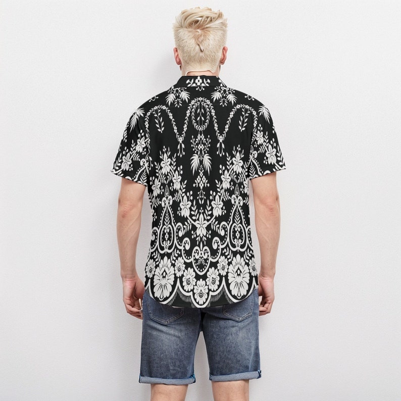 Black Floral Shirt Men, Boho Shirt Men, Floral Top Men, Black and White Floral Shirt, Romantic Shirt Men, Retro Shirt Men image 5