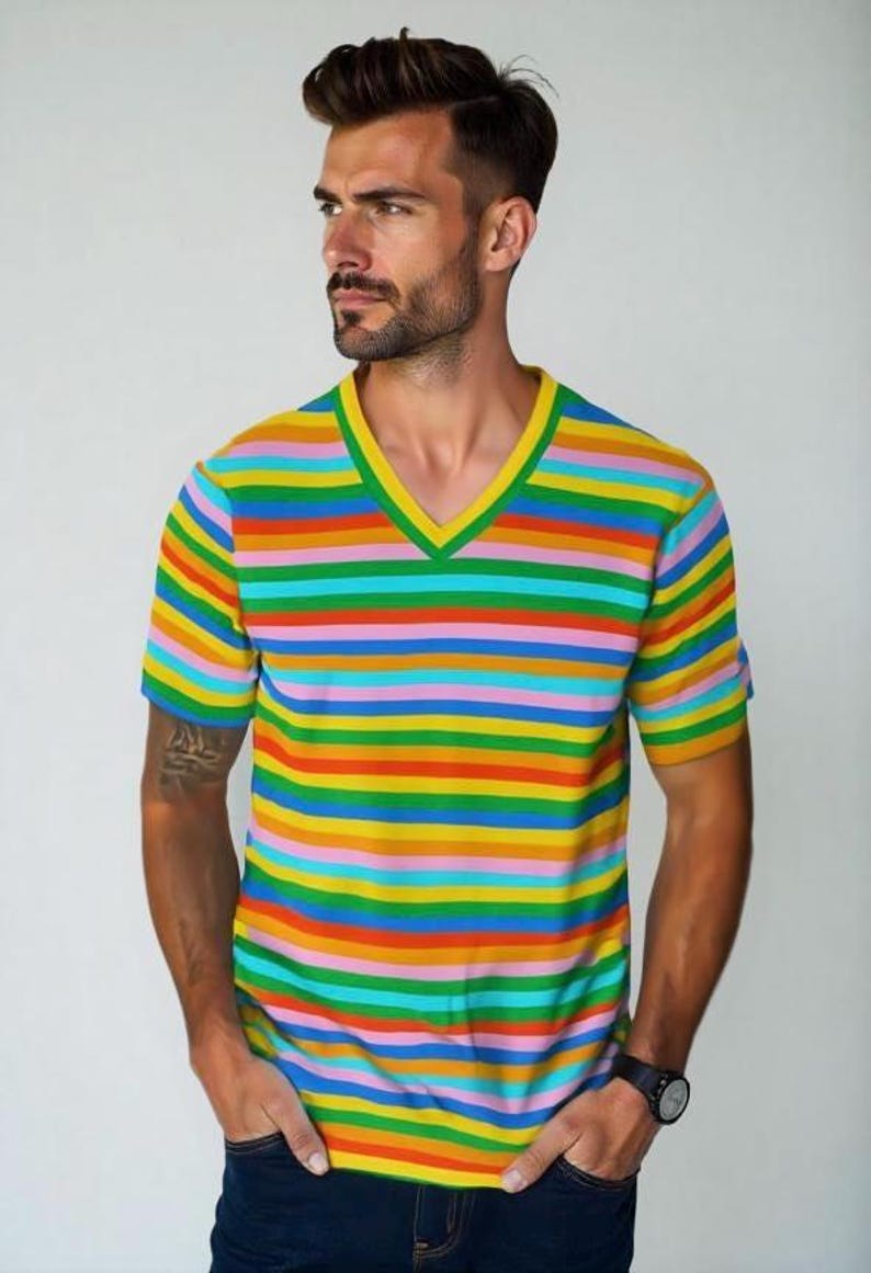 Eco-Tshirt, Eco friendly T-shirt Men, Rainbow Stripe Shirt, V-neck Tshirt, LGBTQ Pride Top,  Sustainable Fashion Top, Eco Top Men