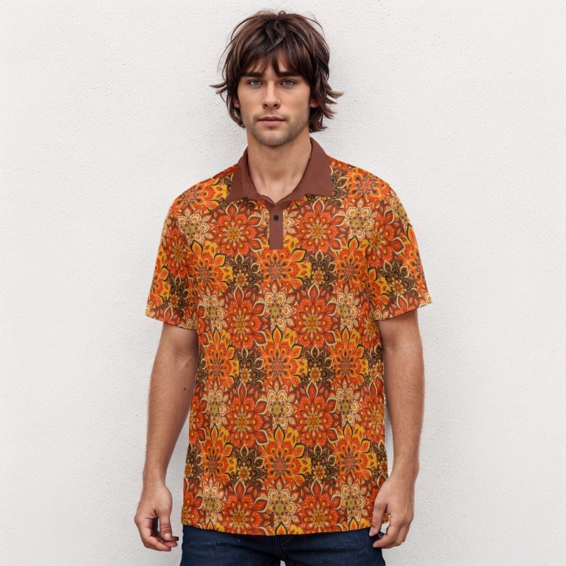 Velvet Polo Shirt, 70s Style Shirt, 70s Shirt Men, Vintage Polo Shirt, Boho Shirt Men, Hippie Shirt Men, 70s Floral Shirt, Orange Polo Shirt image 1