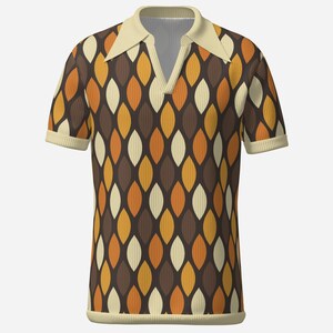 May include: A short-sleeved polo shirt with a retro design. The shirt features a V-neck collar and a pattern of brown, orange, and cream-colored leaf shapes. The collar and sleeve cuffs are a solid cream color.