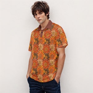 Velvet Polo Shirt, 70s Style Shirt, 70s Shirt Men, Vintage Polo Shirt, Boho Shirt Men, Hippie Shirt Men, 70s Floral Shirt, Orange Polo Shirt image 2