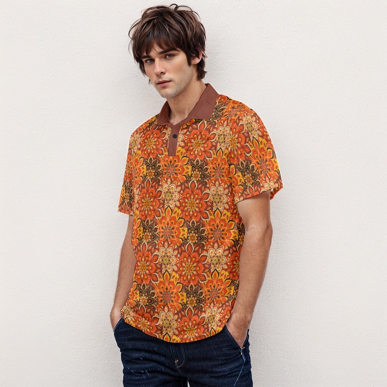 Velvet Polo Shirt, 70s Style Shirt, 70s Shirt Men, Vintage Polo Shirt, Boho Shirt Men, Hippie Shirt Men, 70s Floral Shirt, Orange Polo Shirt image 2