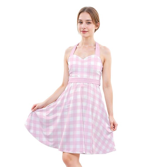 50s Dress Style | 50s Inspired Pink Gingham Halter Dress | Vintage 50s Rockabilly Dress | Retro Dress for Women | Pink Halter Dress Women