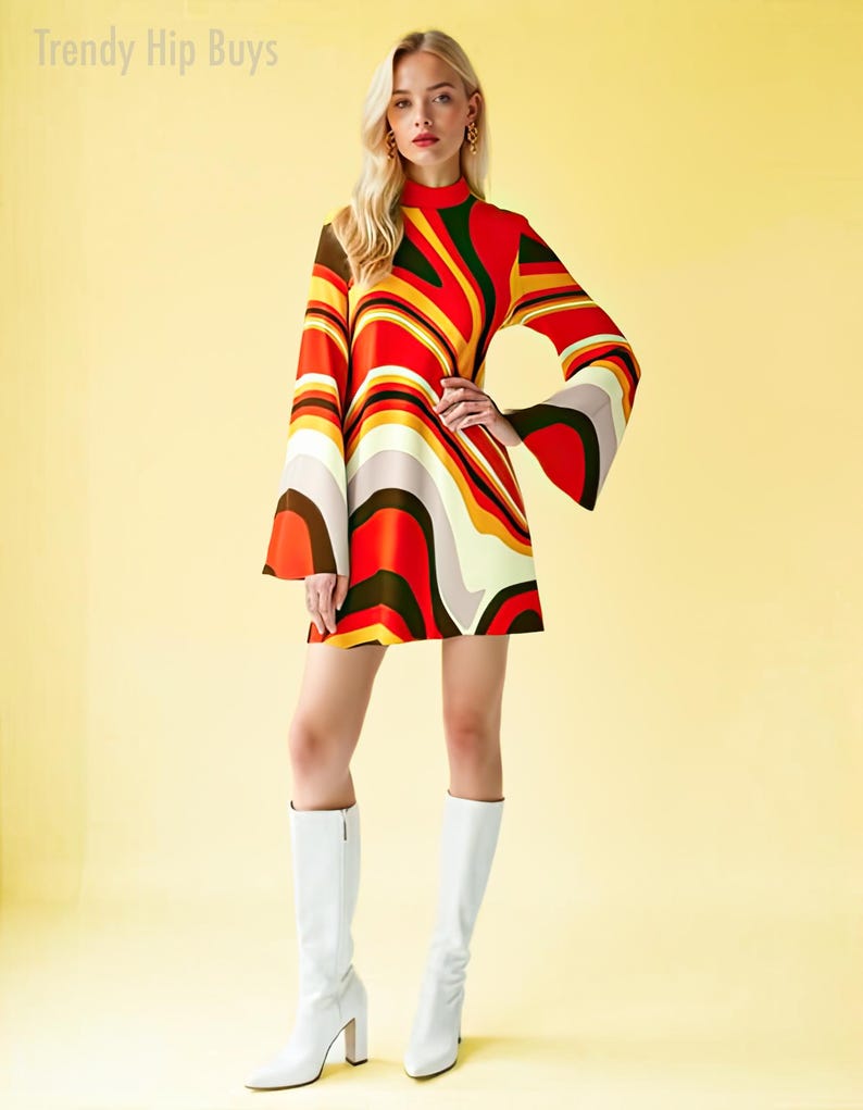 70s dress style, bell sleeve dress, groovy dress, funky 70s disco dress, chiffon dress, abstract dress 70s, retro tent dress, retro 70s dress style, 70s style dress