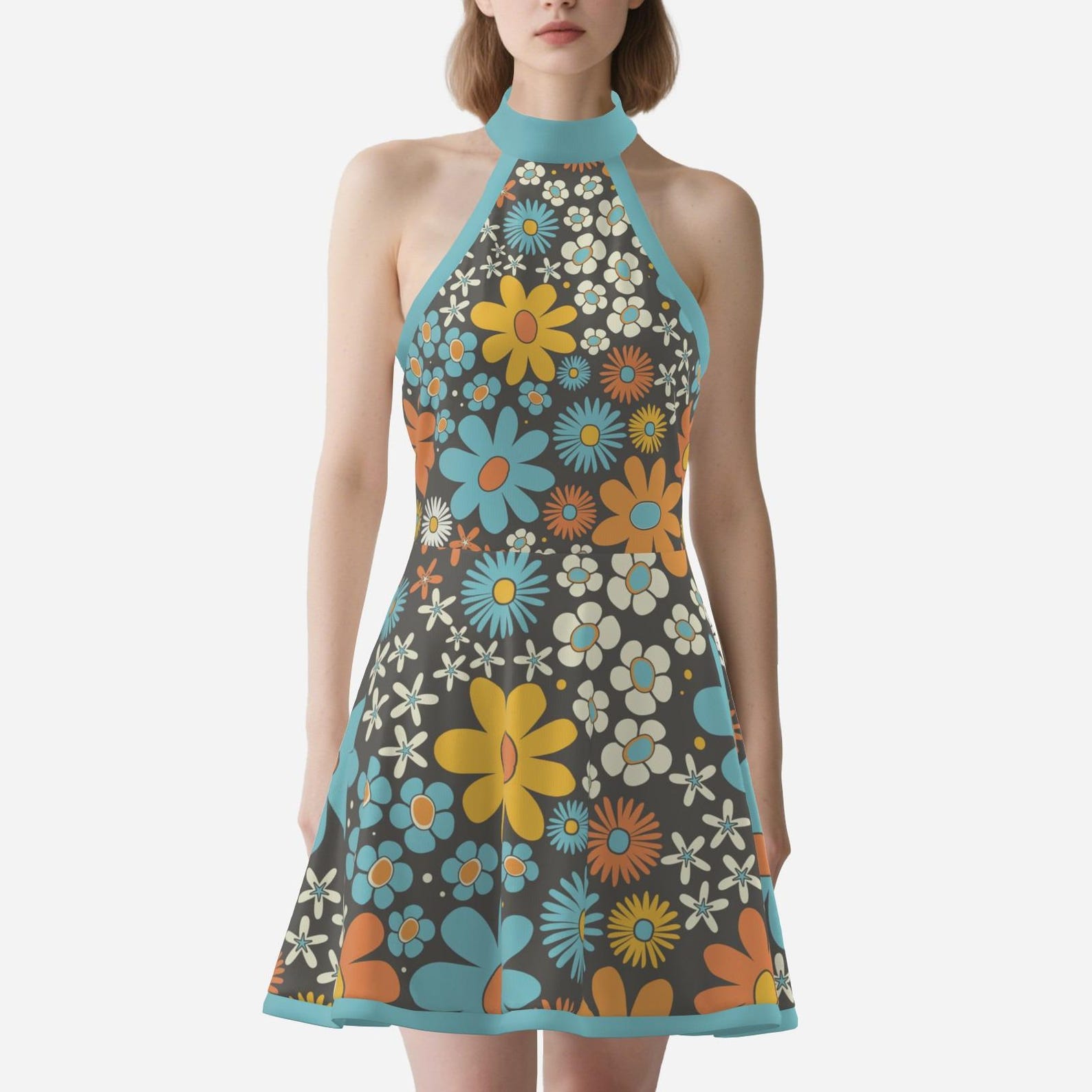 60s Dress Style | Blue Halter Dress | Floral Mini Dress | Go-go Dress ...