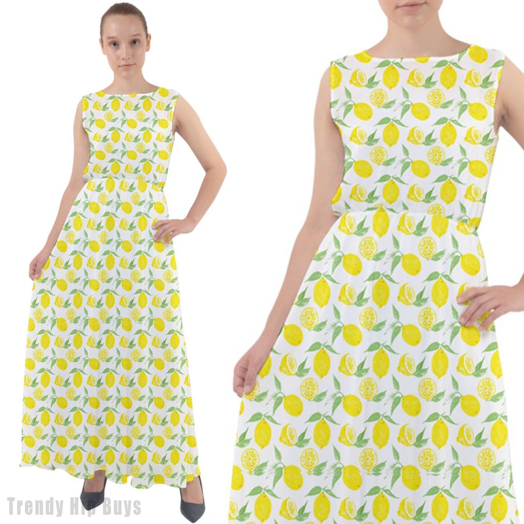 Lemon Dress, Lemon Maxi Dress, Lemon Print Dress, Yellow Maxi Dress