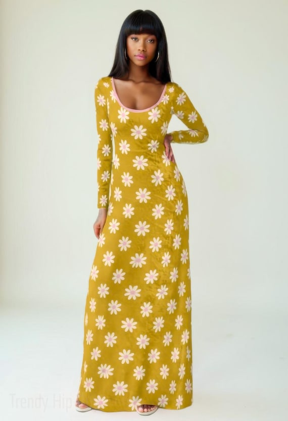 70s Style Maxi Dress | Mustard Yellow Velvet Maxi Dress | Vintage Hippie  Floral Bohemian Dress | Pink Lined A-line Long Sleeve Dress - Etsy Israel